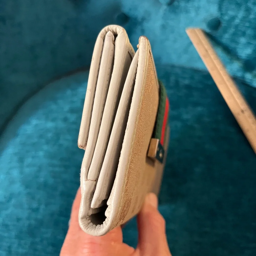 GG Look a like Beige Wallet with Green and Red Stripe with Genuine Leather trim - Picture 8 of 13